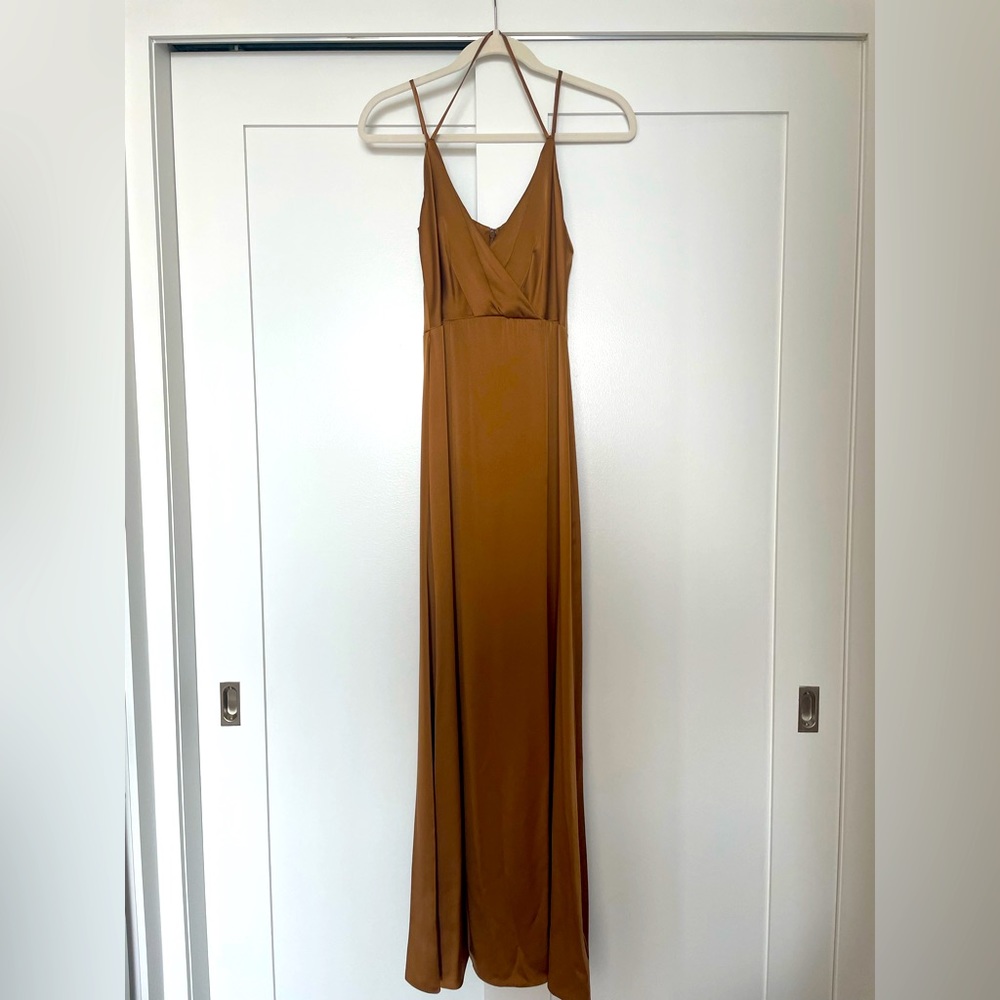 L’Agence floor length gold gown